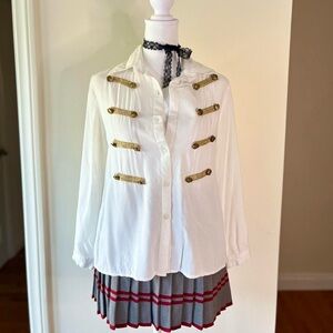 Vintage 2000s Military Band Goth Blouse Gold Double Breasted Buttons White Top S